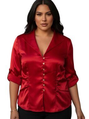J.R. Nites Woman Red Satin Blouse Plus 14W Crystal Button Evening Formal Top